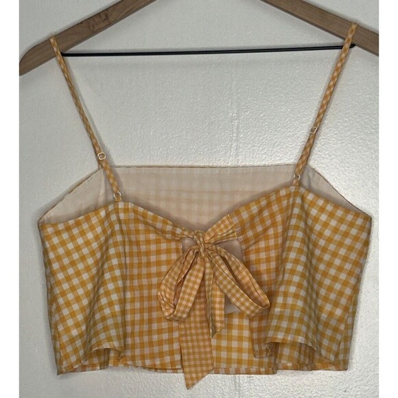 Lovers + Friends Women Small Bowie Yellow White Gingham Check Back Tie Crop Top - Picture 2 of 4